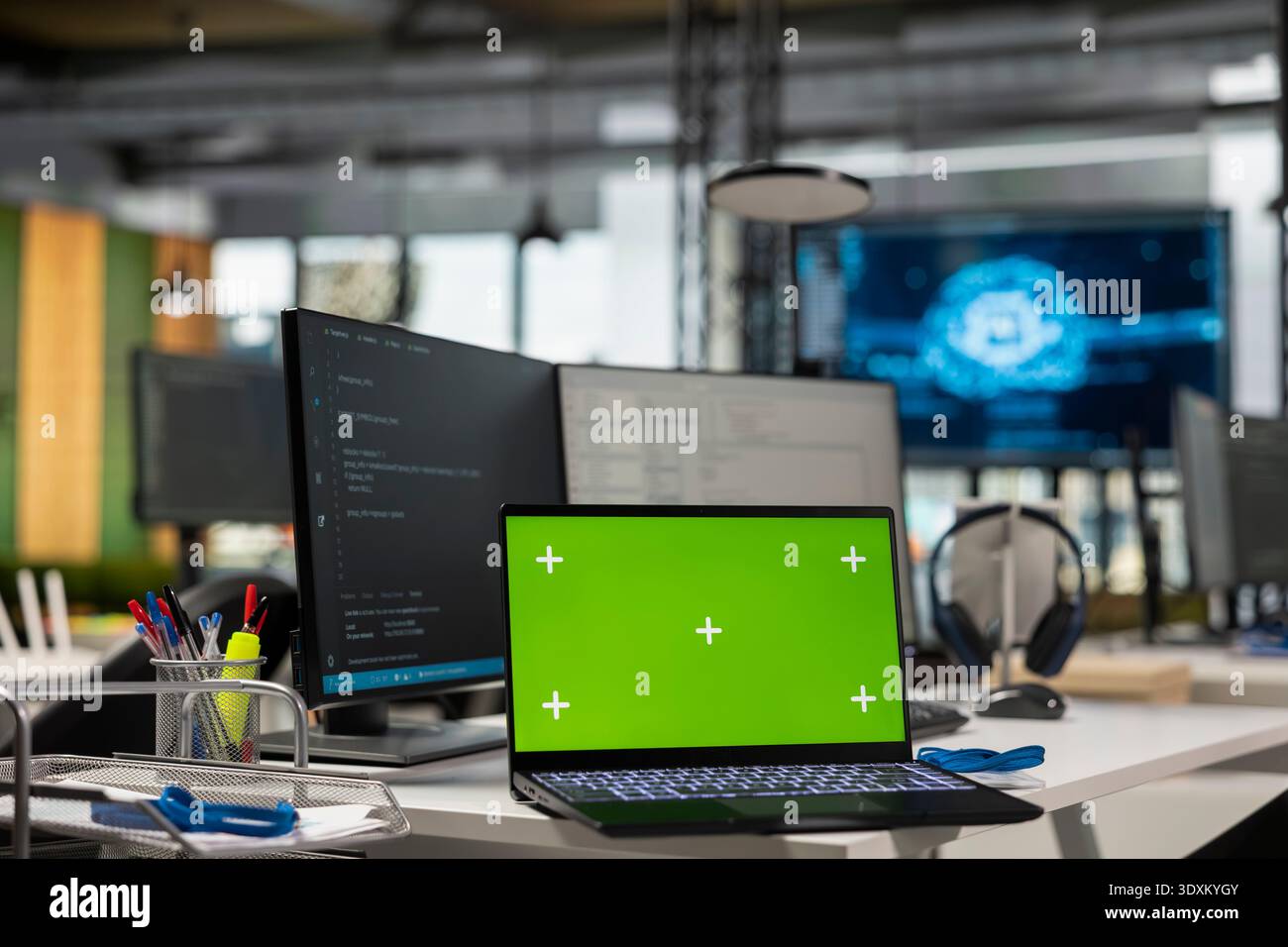Isolated screen laptop running advanced AI algorithms in empty startup workspace. Artificial intelligence coding platform used to deploy deep learning models on mockup notebook Stock Photo