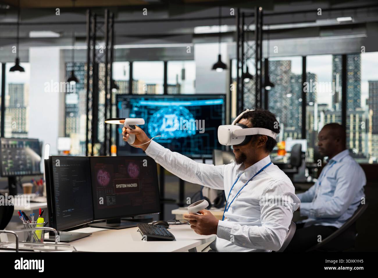 IT specialist in office fighting hacker ddos attack using virtual reality technology to find malware in servers. Startup programmer using VR headset equipment to do software debugging, fixing virus Stock Photo