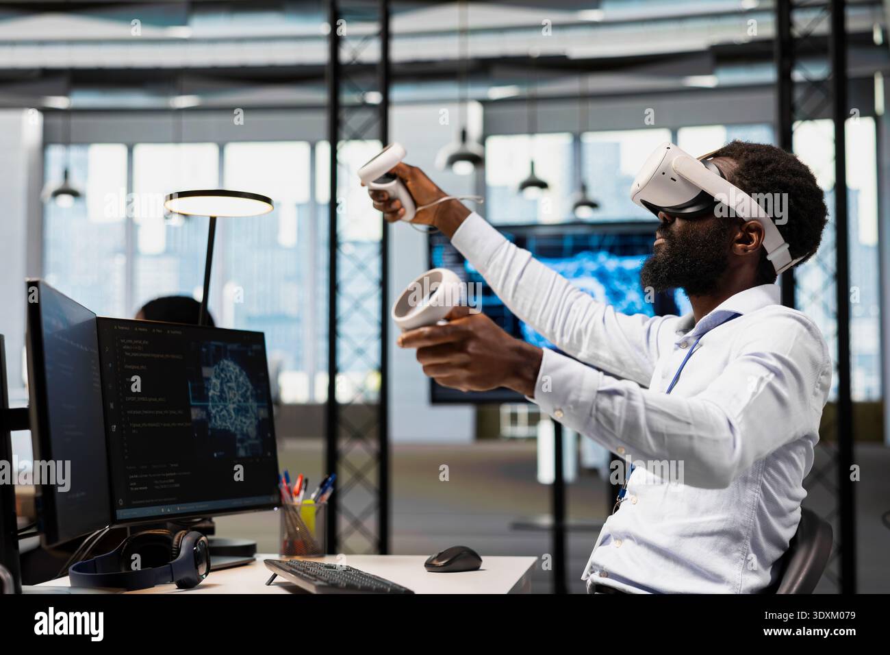 Engineer using virtual reality tech, automating repetitive tasks with AI scripts. African american man wearing VR headset using artificial intelligence to speed up feature implementation Stock Photo