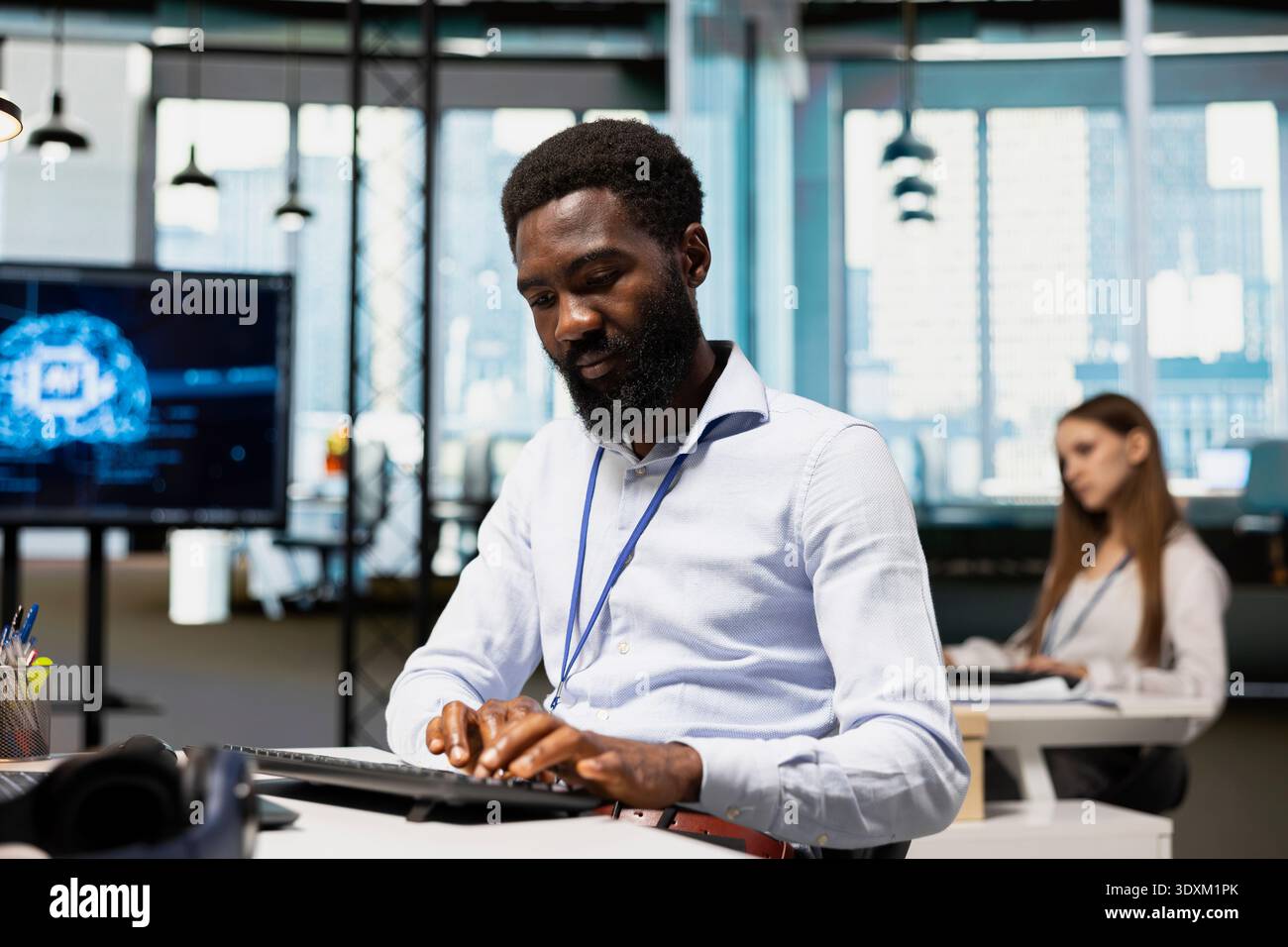 Software developer adjusting deep learning algorithms parameters at work to automate tasks. IT specialist in technology company working with AI driven insights for code optimization Stock Photo