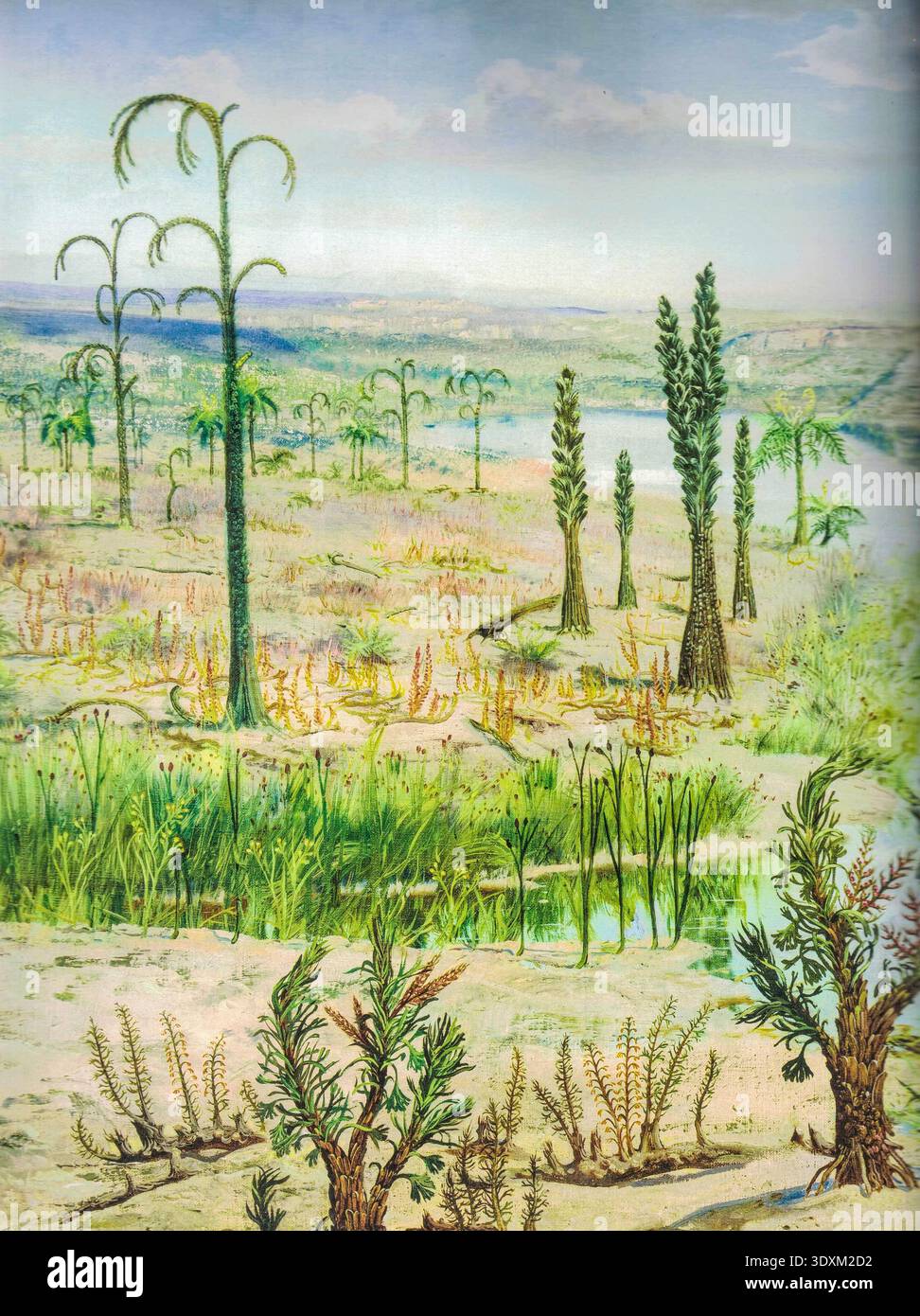 Landscape of the Midlle Devonian. Ancient prehistoric landscape with  diverse flora and a distant river under a cloudy sky. A vibrant depiction  of a Carboniferous period ecosystem showcasing various ancient plants and