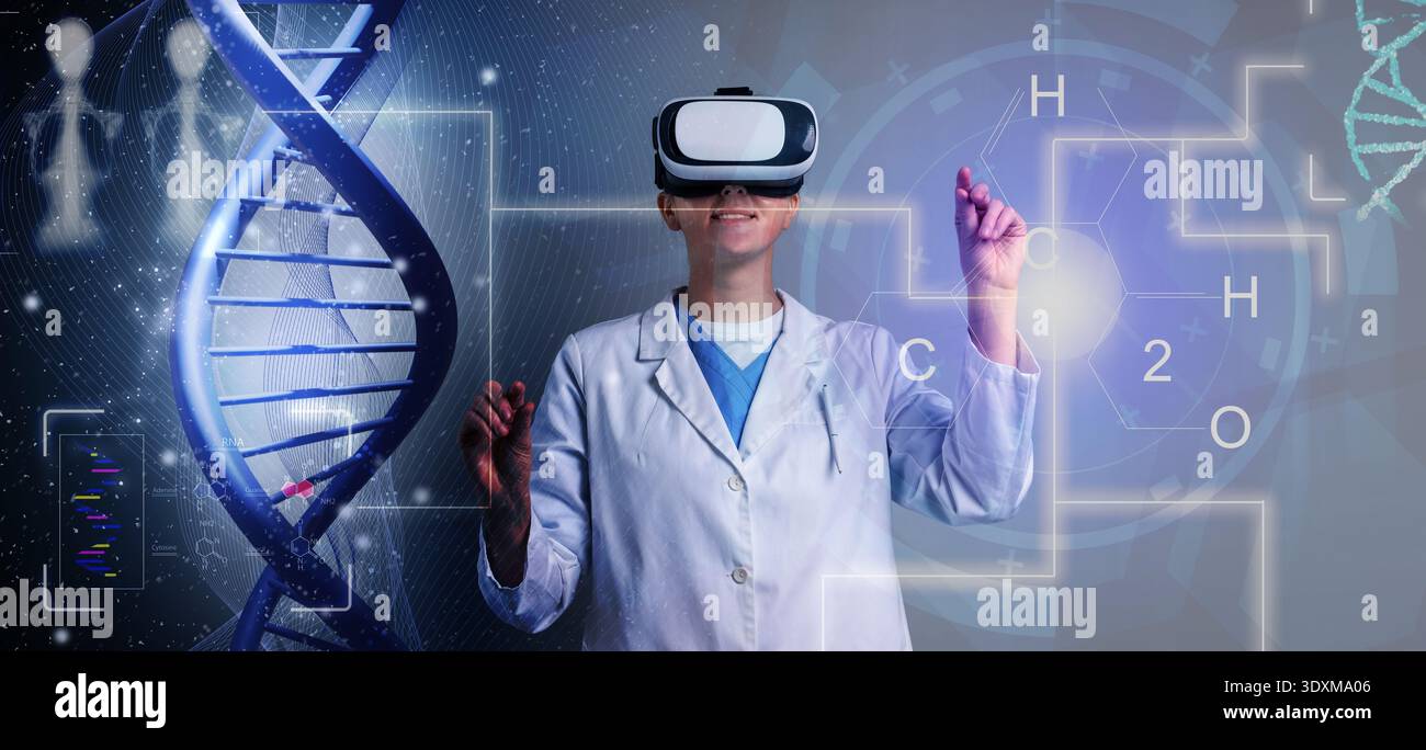 Scientist using VR headset, double exposure with virtual elements. Future technology in biochemistry Stock Photo