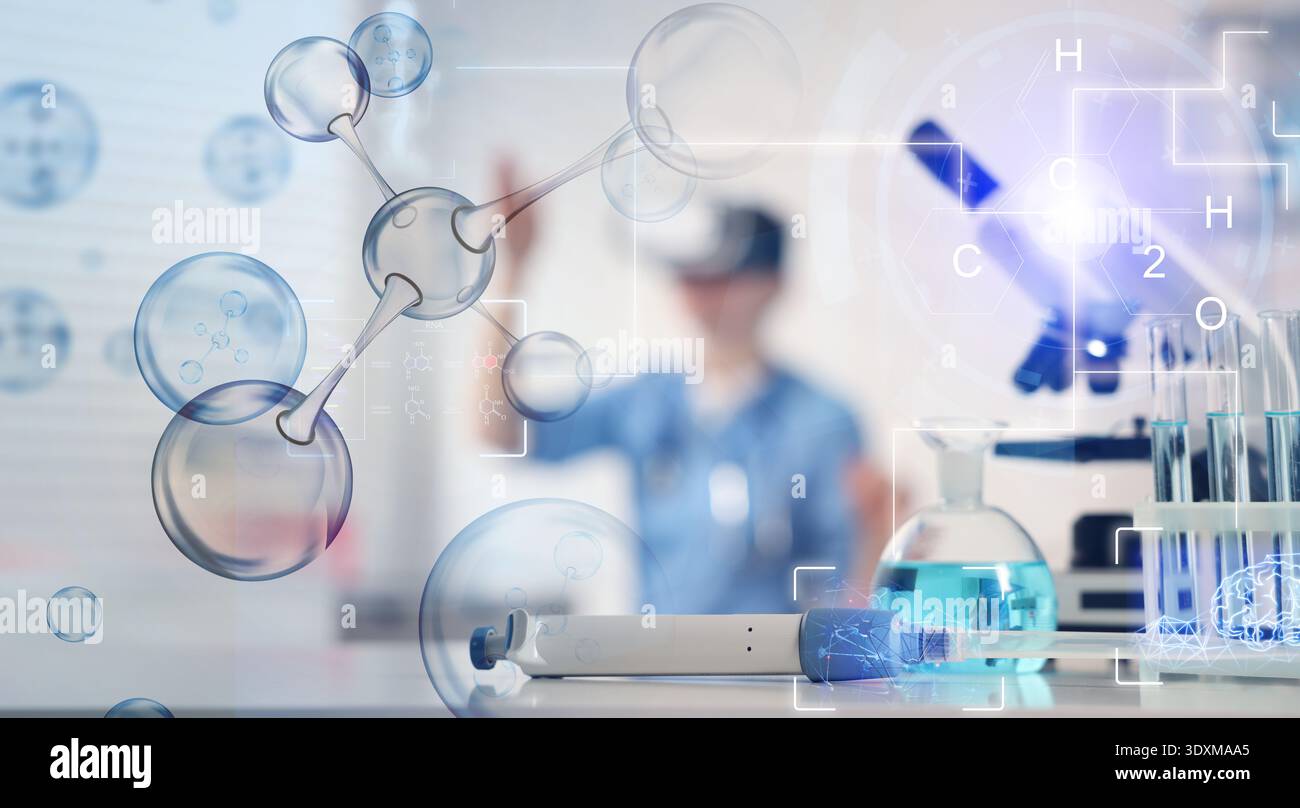 Scientist using VR headset, double exposure with virtual elements. Future technology in biochemistry Stock Photo