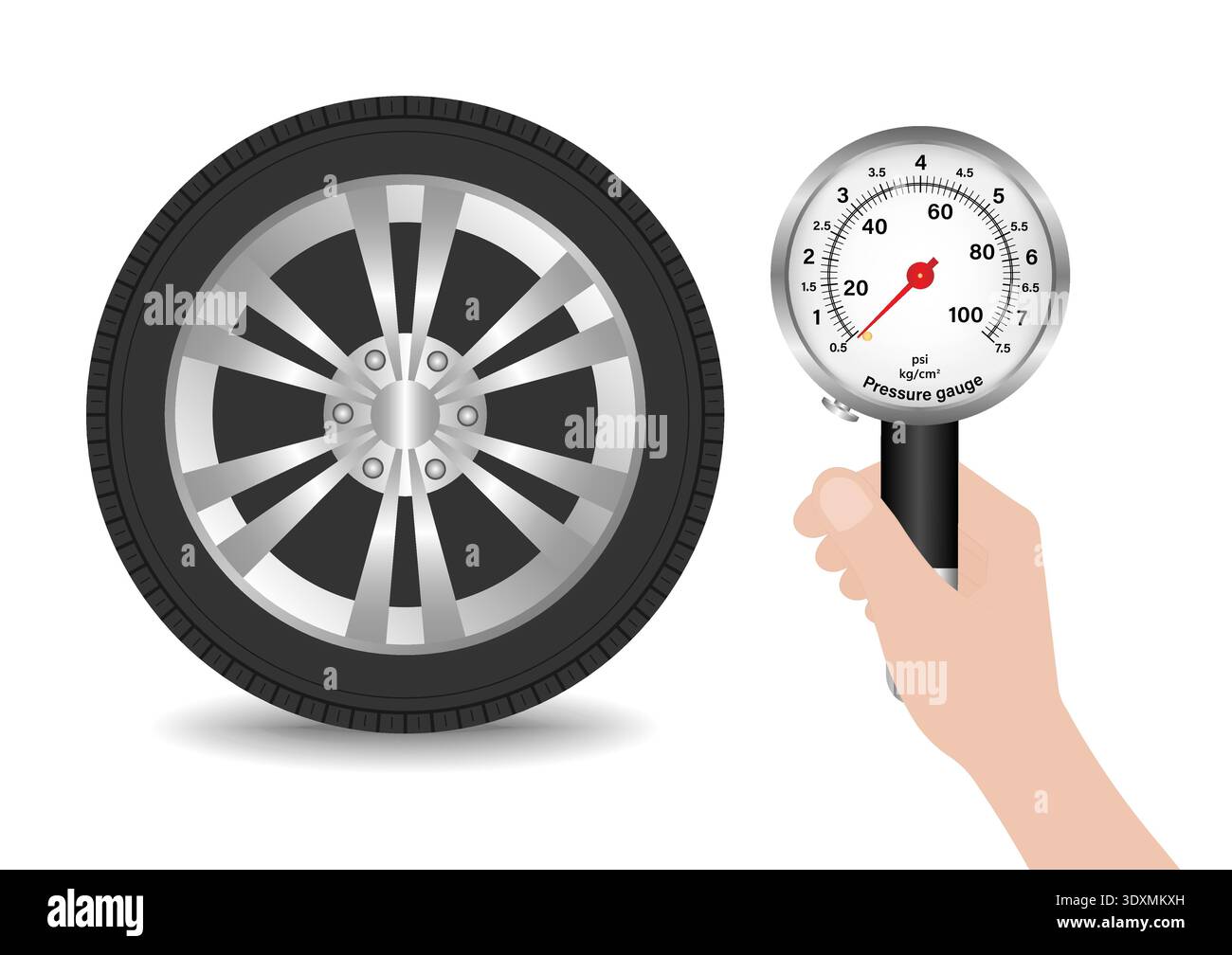 Hand Holding Tire Pressure Gauge to Check Air Pressure. Vector ...