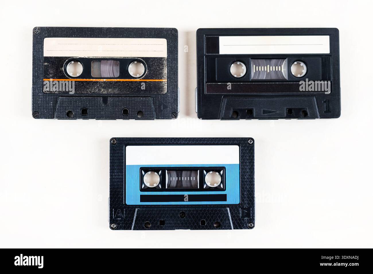 Three Old Audio Cassettes on the White Background closeup Stock Photo