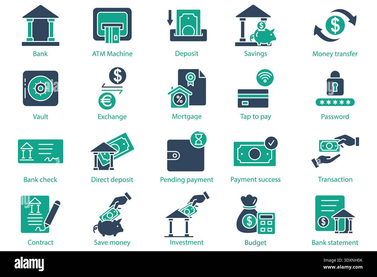 Bank icon set. solid icon style. Containing icon ATM machine, savings, bank statement and more. Bank element vector illustration Stock Vector