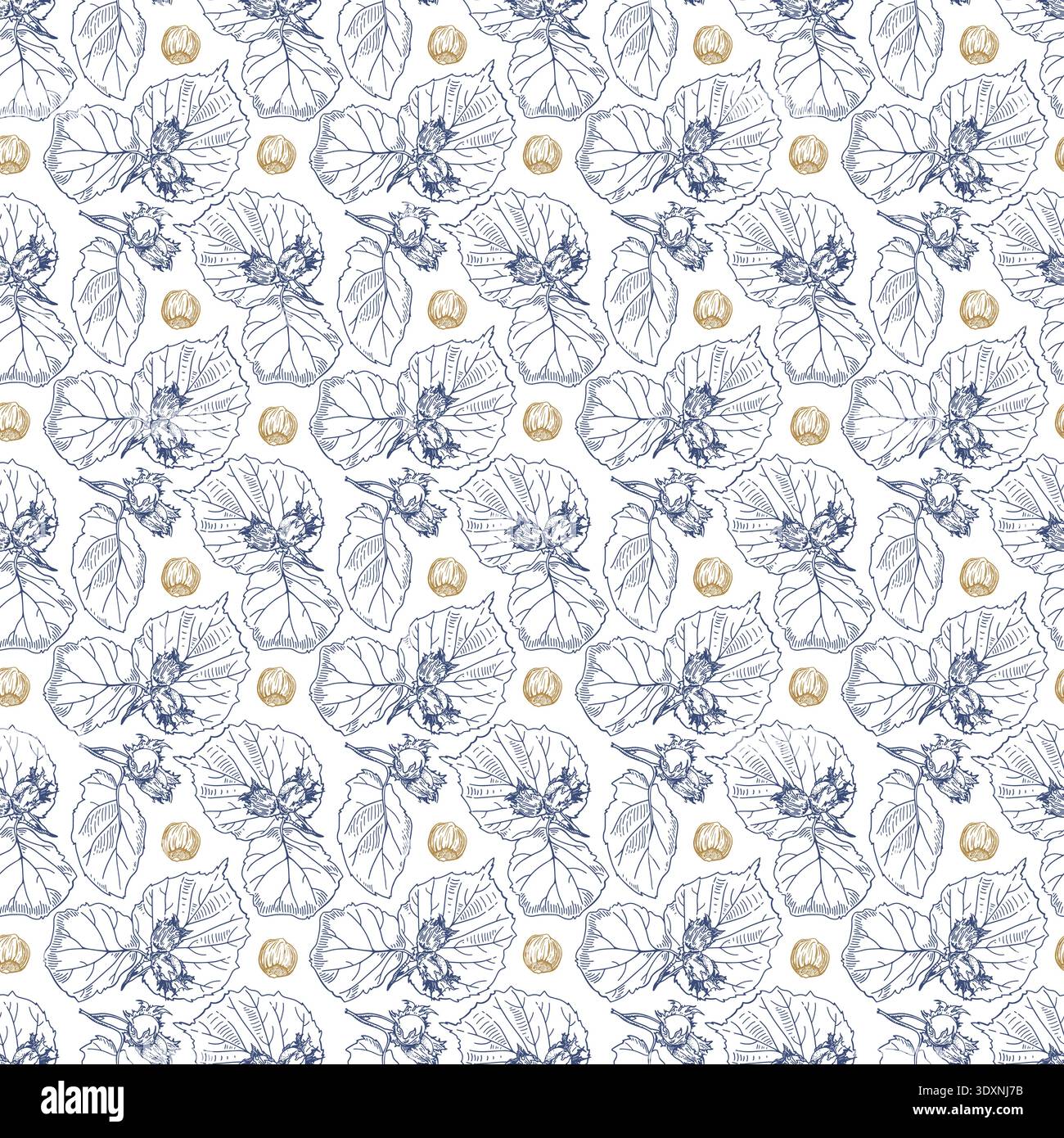Hazelnut seamless pattern. Square vector illustration with nuts and leaves. Stock Vector