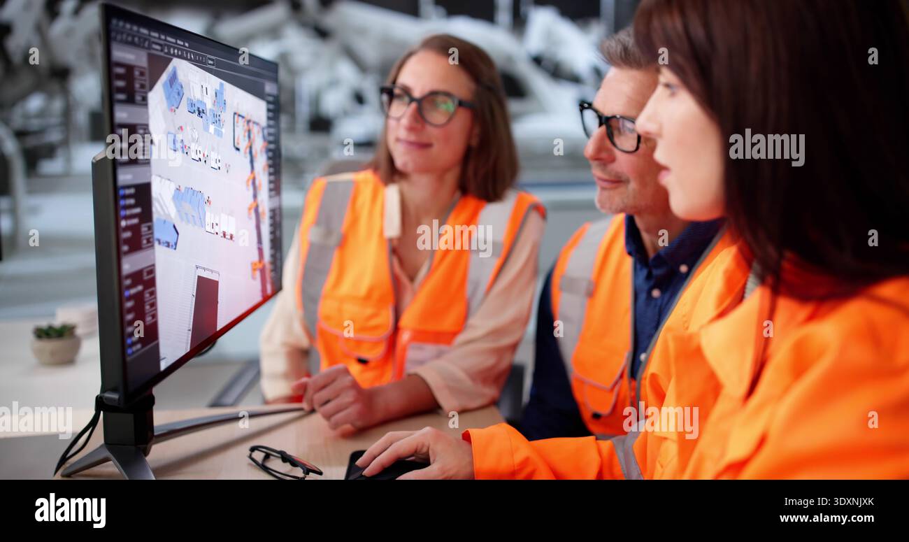 Expert Industrial Engineers Visualize Future Factory Layout With Innovative 3D Models Stock Photo