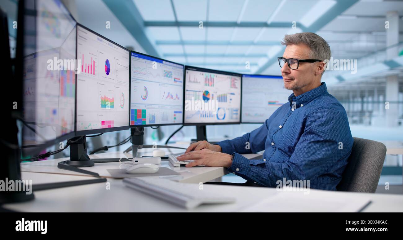 Focused Businessman Analyzing KPI Data On Office Computer Dashboard Stock Photo