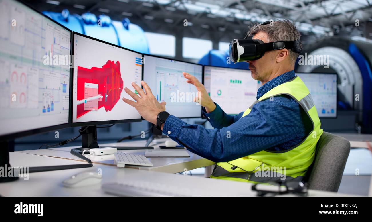 Engineer Designs Gas Refinery Using Virtual Reality And AR 3D Glasses. Stock Photo