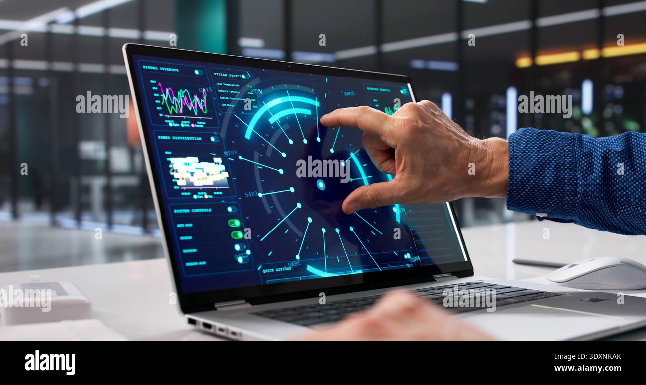 Man Analyzing Real-time Data On Futuristic AI Intelligence Dashboard Software. Professional Advisor Stock Photo