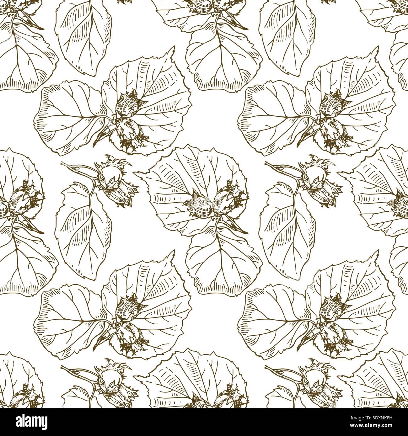 Hazelnut seamless pattern. Square vector illustration with brown nuts and leaves. Stock Vector