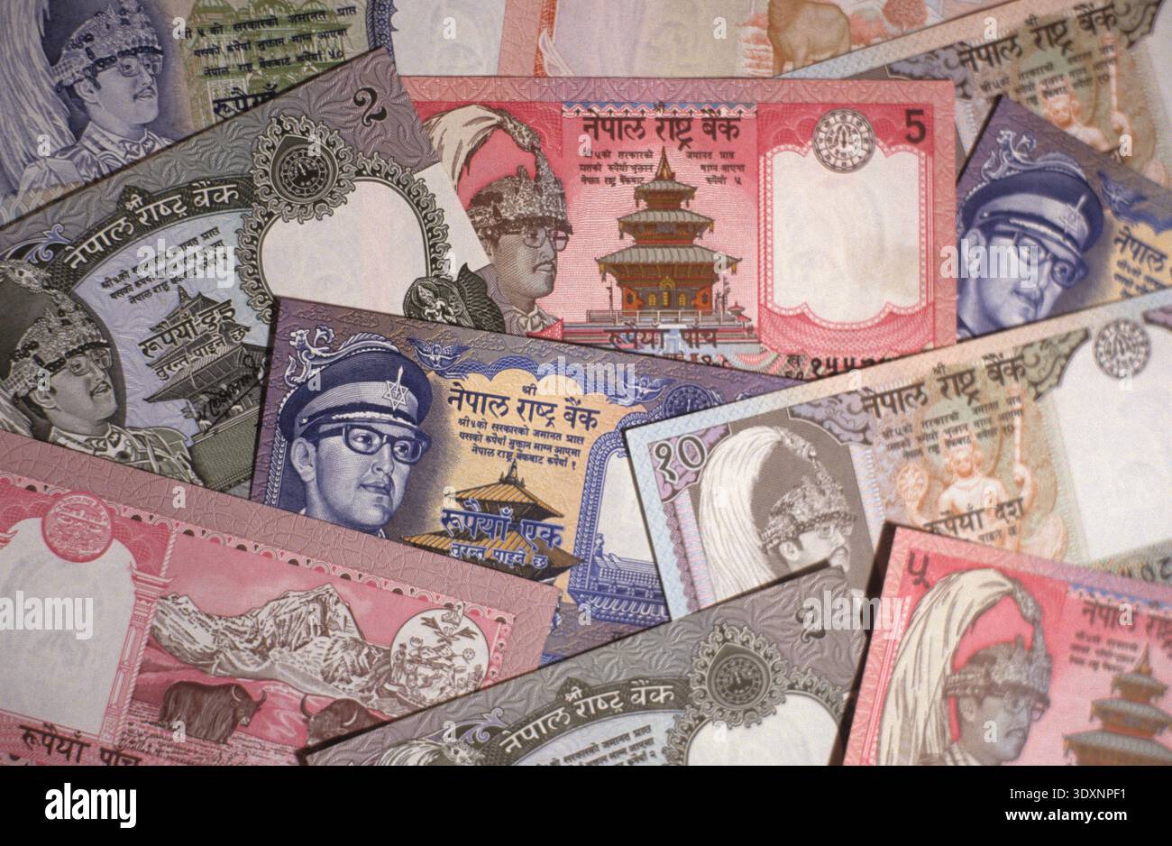 A collection of colorful Nepalese Rupee banknotes featuring King