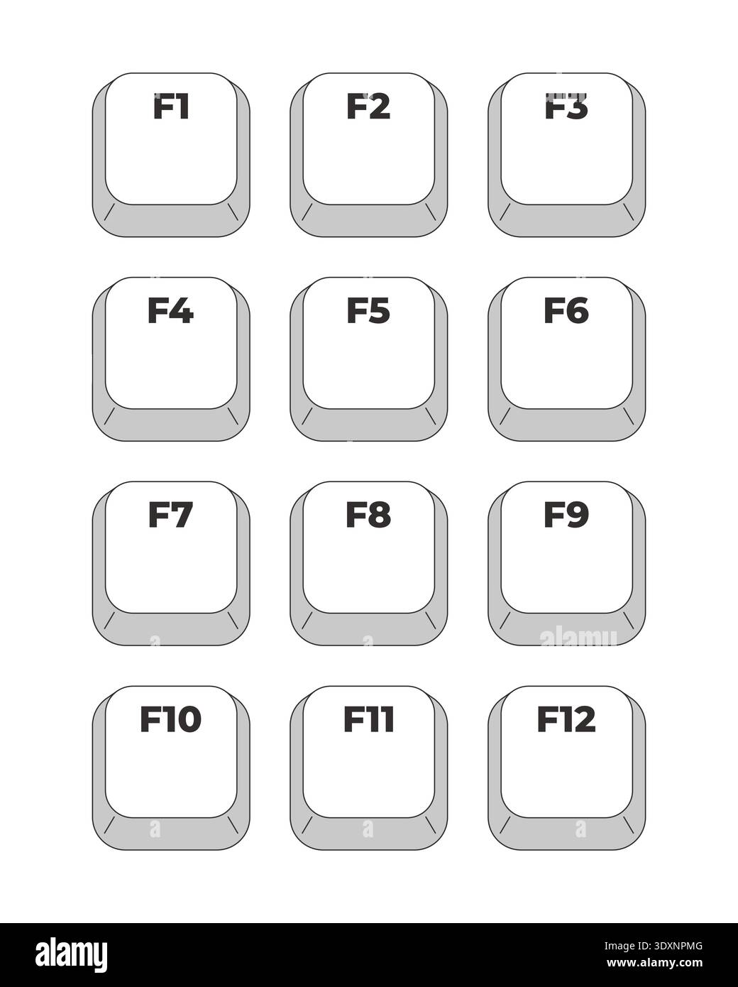 F1-F12 function keys grayscale keyboard hotkey set Stock Vector
