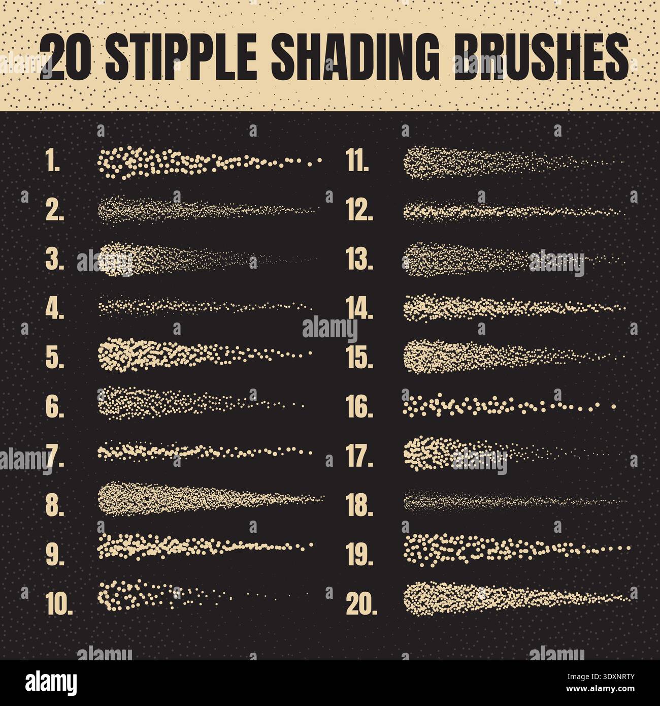 Ink scatter brush, stipple drawing and texturing. Fading gradient. Stippling, dotwork drawing, shading using dots. Halftone disintegration effect Stock Vector
