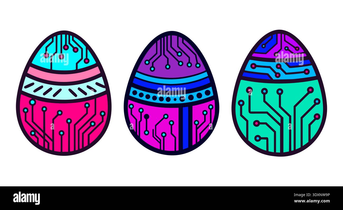 Cyberpunk Easter Egg Set with Digital Circuit Board Patterns Stock Vector
