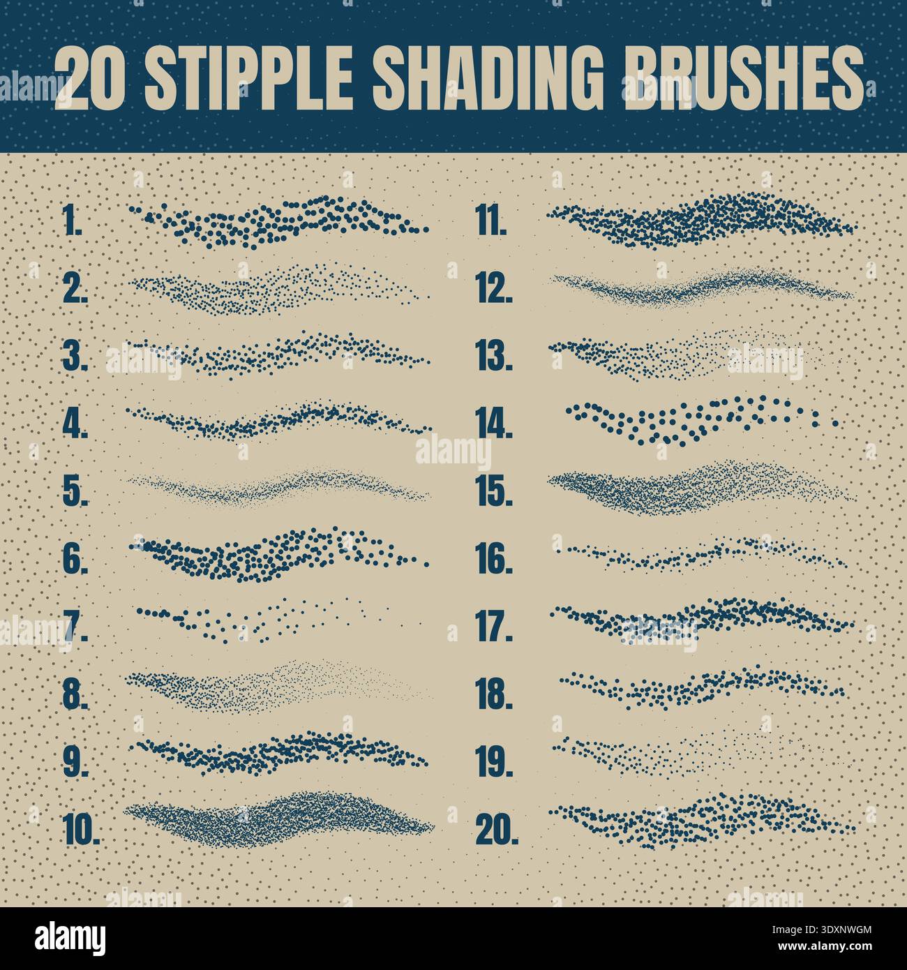 Ink scatter brush, stipple drawing and texturing. Fading gradient. Stippling, dotwork drawing, shading using dots. Halftone disintegration effect Stock Vector