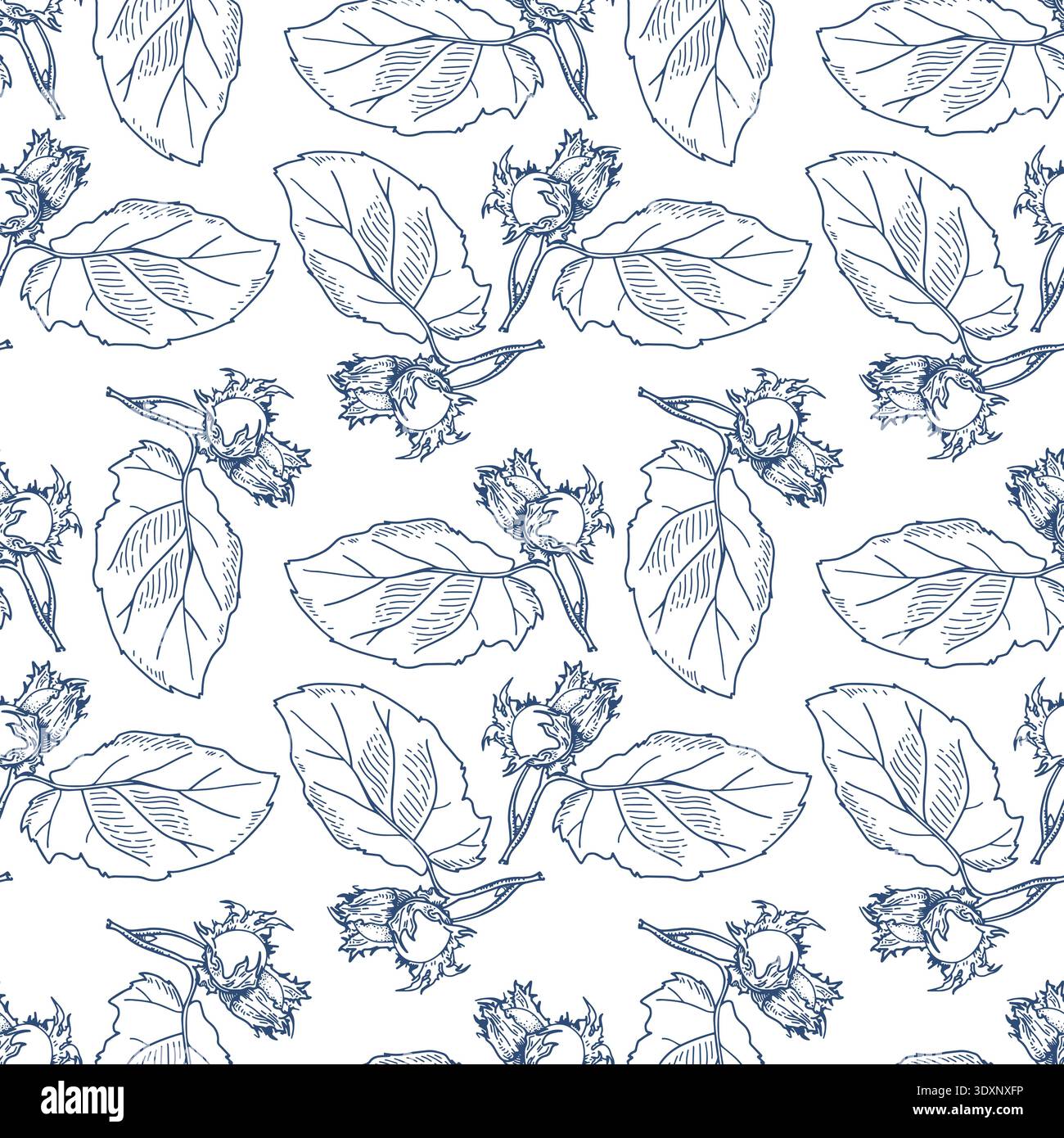 Hazelnut seamless pattern. Square vector illustration with nuts and leaves. Stock Vector