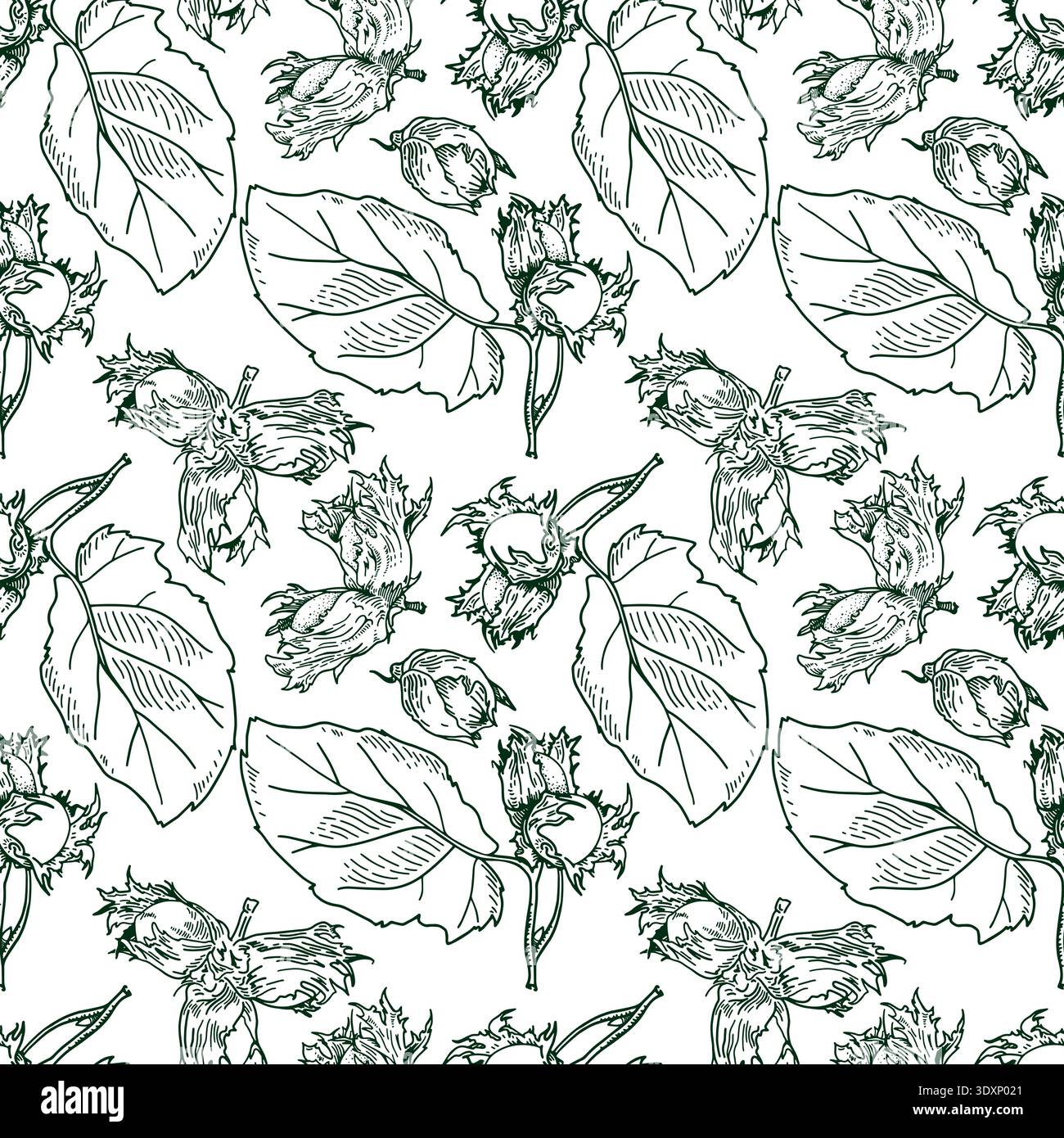 Hazelnut black and white seamless pattern. Square vector illustration with nuts and leaves. Stock Vector