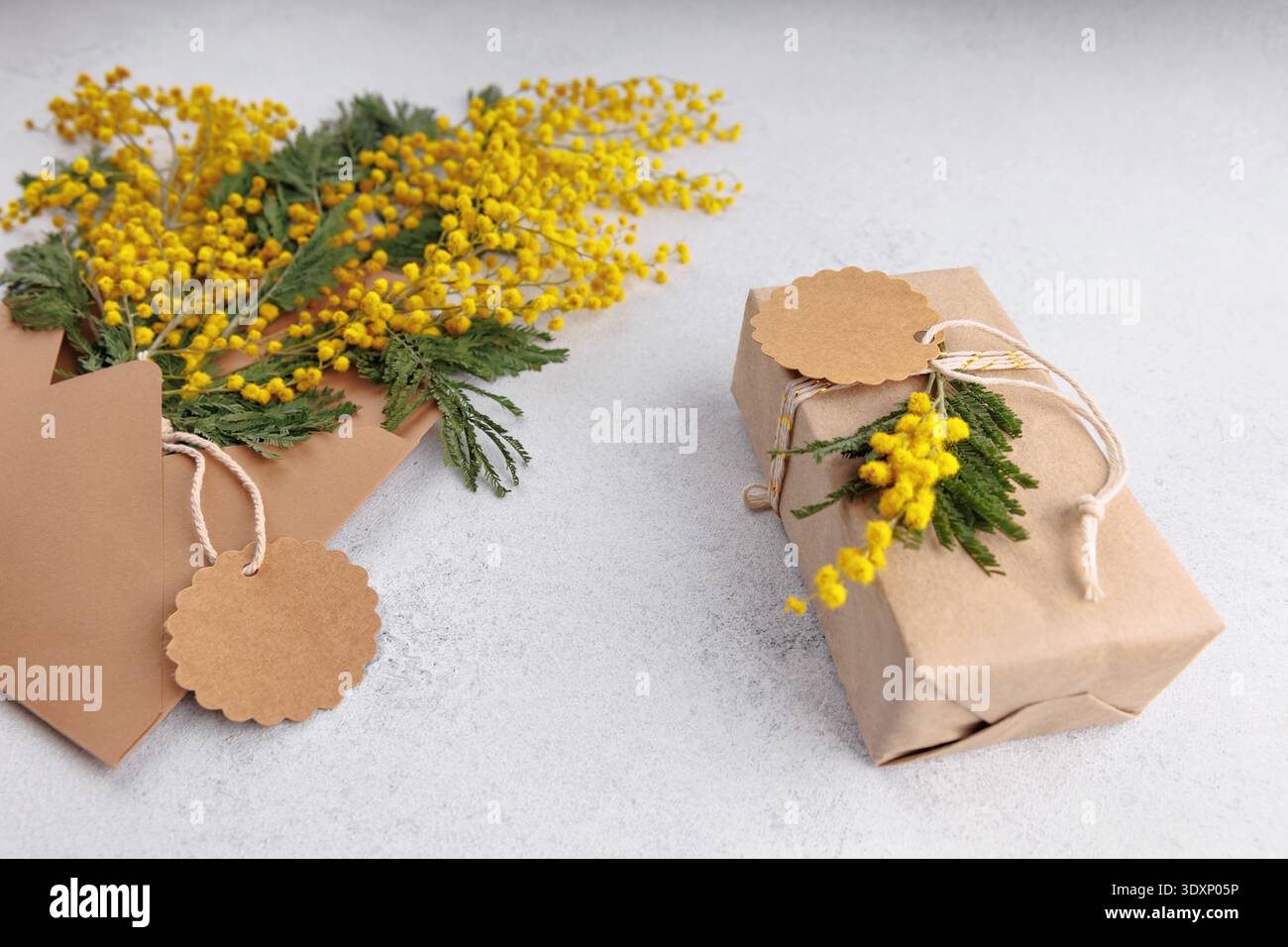 Spring sale mockup with envelope gift and price tag Stock Photo