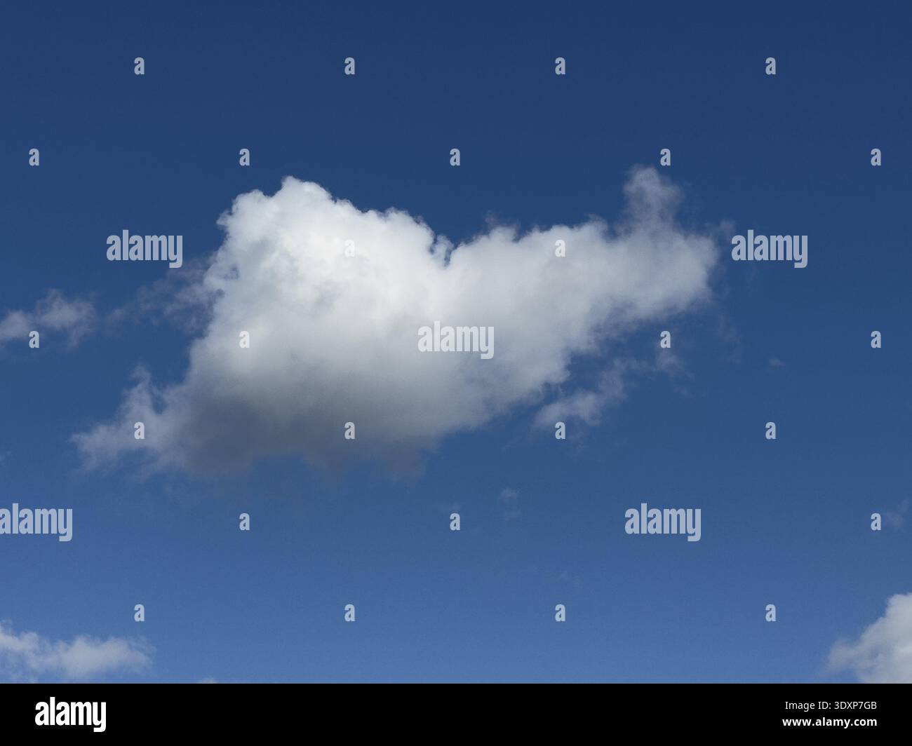 Single white cloud Cumulus fractus torn ragged cluster cloud without sharp lower limit on blue sky, international Stock Photo