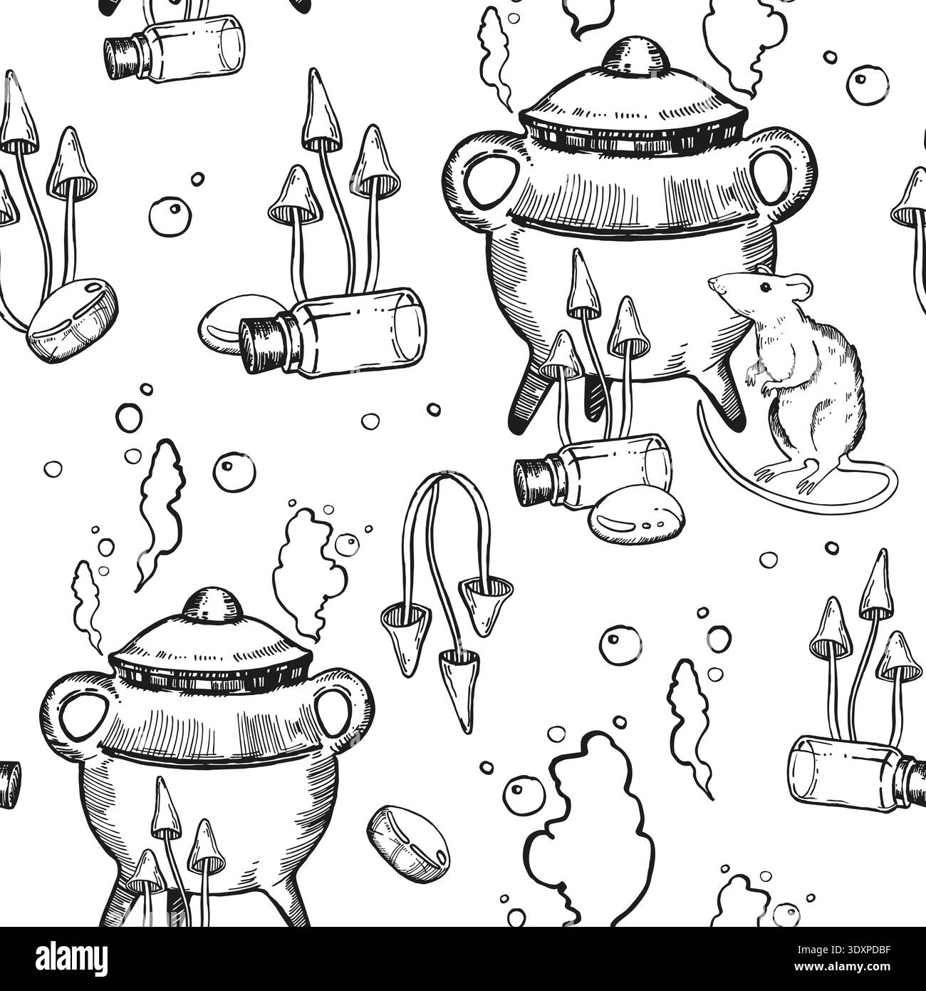vector monochrome witchcraft, magic pot of potion and vapor, poisonous mushrooms, rat, glass vial of poison, black and white illustration of mystic th Stock Vector
