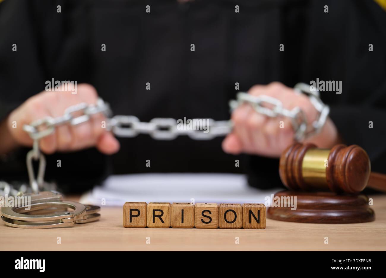 Courtroom scene where a judge grasps chains representing justice and ...
