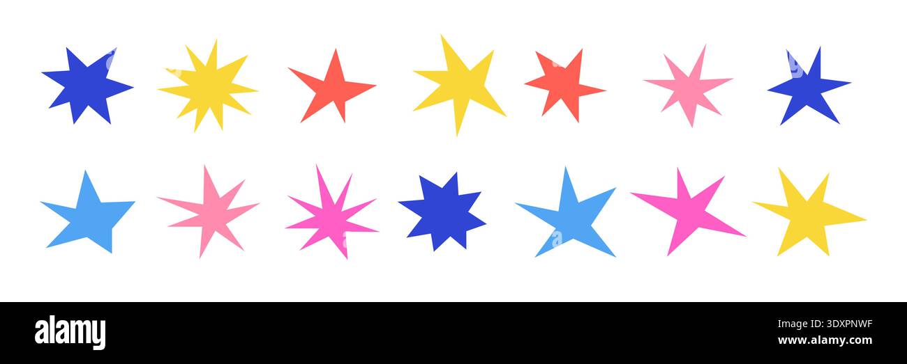 Colorful sharp shapes collection. Bright irregular sparks and twinkles set. Abstract edgy sparkle and stars elements pack. Asymmetry angular forms bundle for banners, collages, posters, stickers Stock Vector