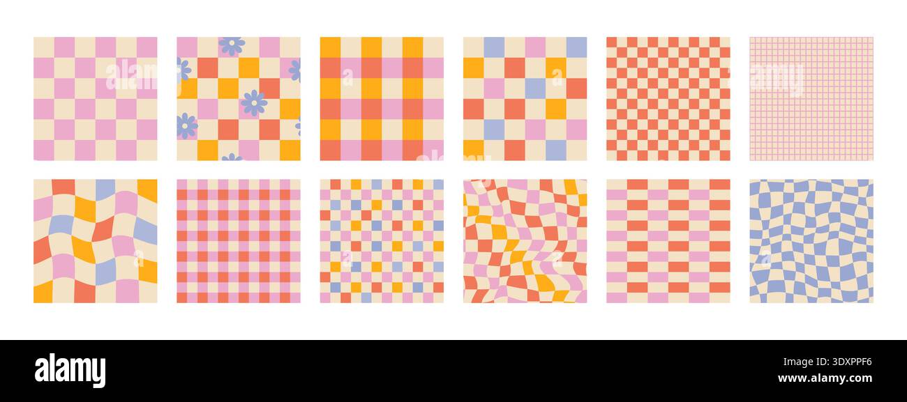 Groovy checkered seamless patterns, vintage aesthetic backgrounds, psychedelic checkerboard texture. Funky hippie fashion textile print, retro background with distorted grid tile vector pattern set Stock Vector