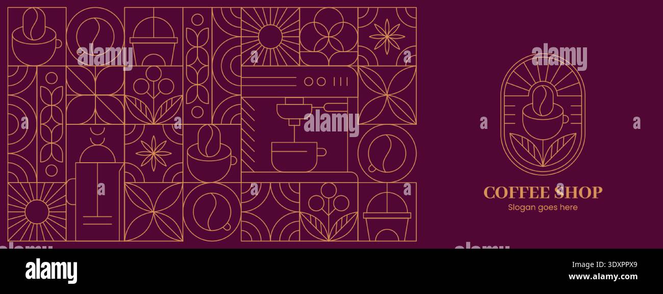 Abstract geometric coffee pattern in minimalist style. Seamless background with hand drawn line art beans, drink cups, hot tea pot, plant leaves, bauhaus outline elements for cafe menu. Logo concept Stock Vector