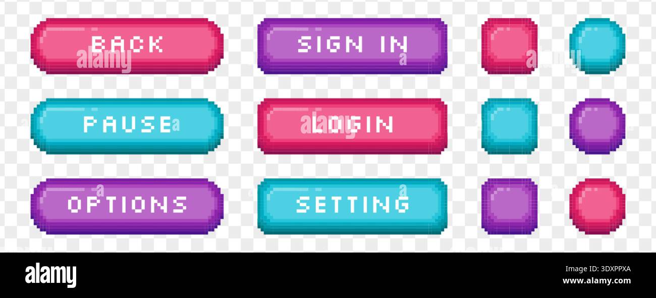 Vector set of colorful pixel art pause, back, login and sign in buttons ...