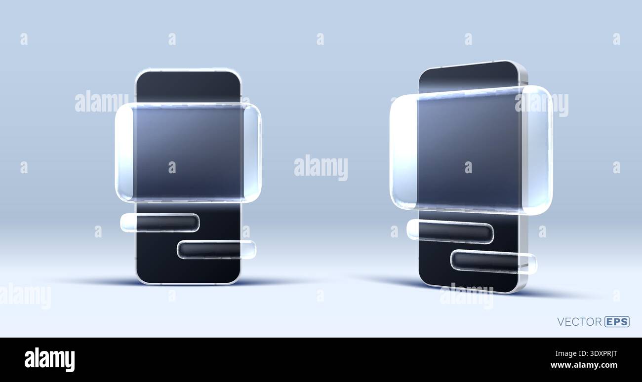 Modern smartphone mockups featuring transparent glass interface elements. Two sleek devices with abstract interactive frames. Vector illustration. Stock Vector