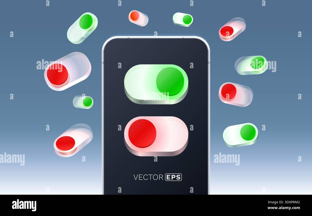 Modern smartphone with vibrant 3D toggle switches. User interface design concept. Vector illustration Stock Vector
