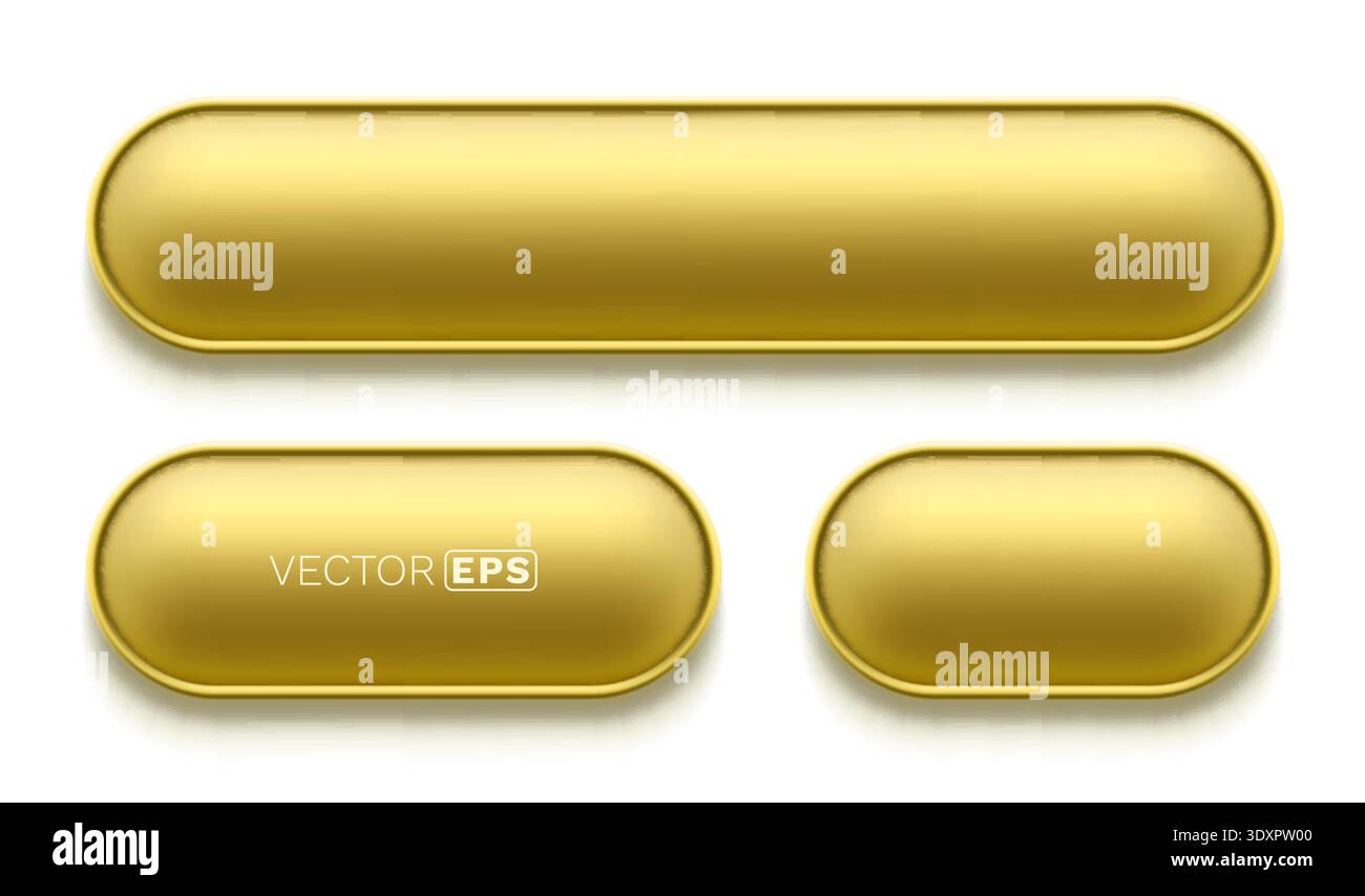 Realistic set of blank golden buttons with rounded corners, shiny ...