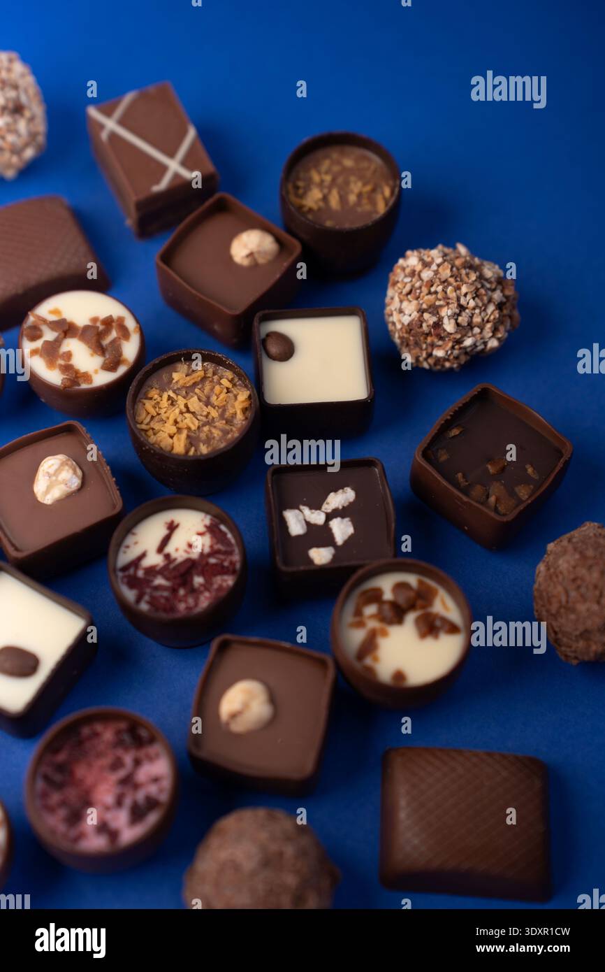 assorted artisanal chocolate bonbons and truffles artfully arranged on a vivid cobalt-blue background, showcasing varied shapes, nut toppings, creamy Stock Photo