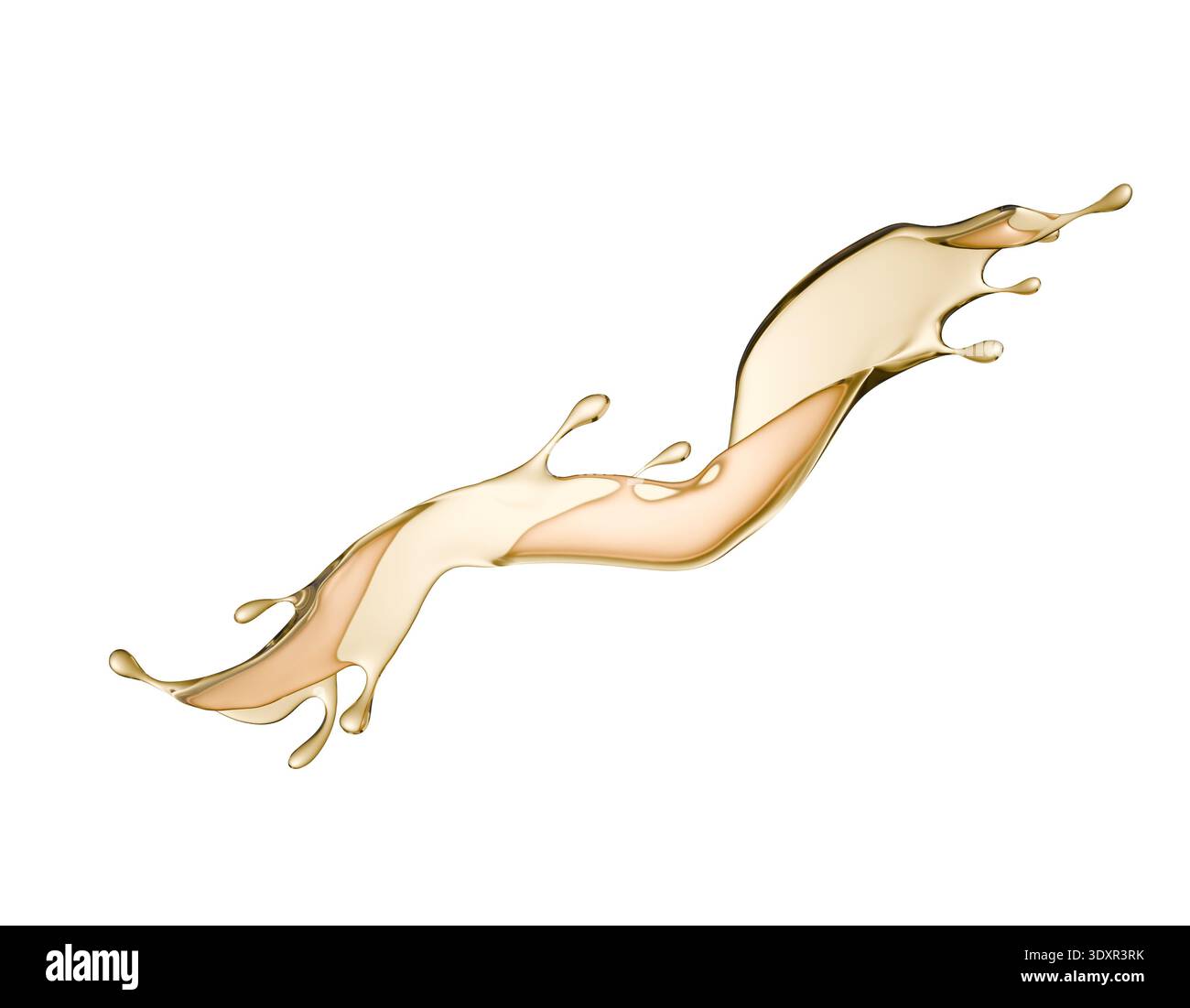 golden liquid splash isolated on a white background. 3d render. Stock Photo