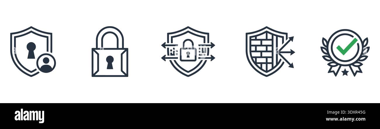 This clean vector icon set features five line illustrations for cybersecurity. Visuals include a protected user, a padlock, data encryption, a firewal Stock Vector
