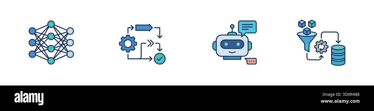 Modern line icons illustrating machine learning nodes, automated workflow, a friendly chatbot, and data filtering processes. Ideal for software Stock Vector