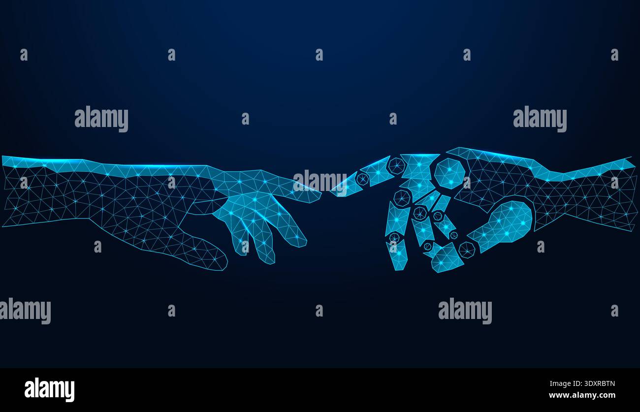 Low poly wireframe human hand and robot hand reaching for each other on ...
