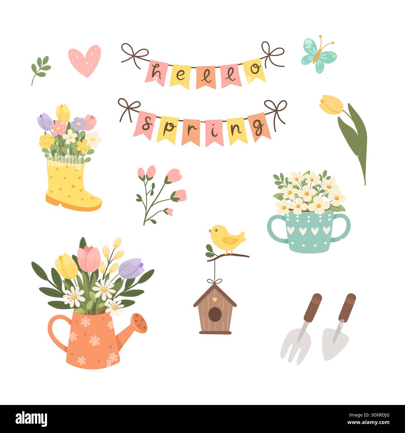 Cute Hello Spring Elements Set Stock Vector