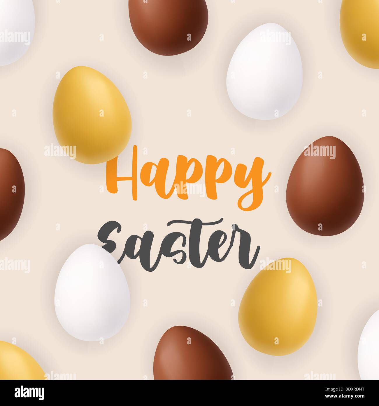 Happy Easter pattern with gold, white and chocolate eggs. 3D realistic spring holiday background Stock Vector