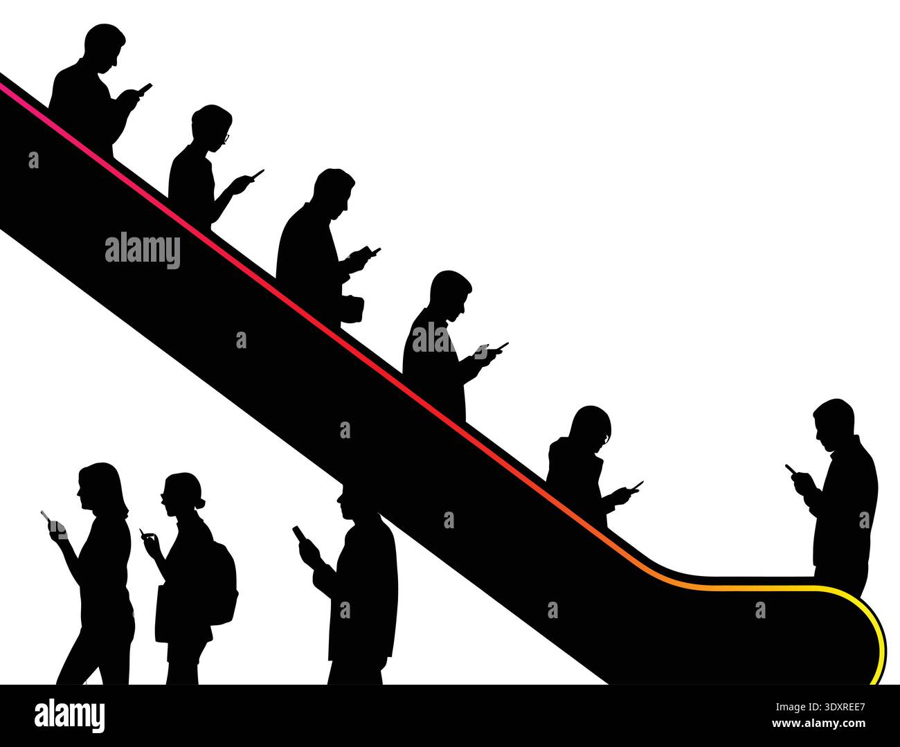 silhouette of people on escalator, silhouette goes up an escalator Stock Vector