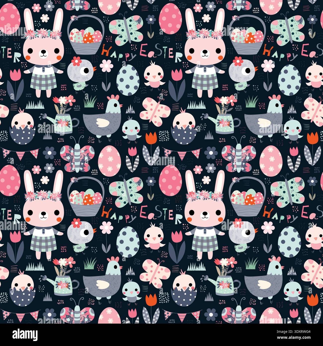 Cute seamless vector pattern for Easter holiday designs and packaging with bunny, chicken and eggs Stock Vector