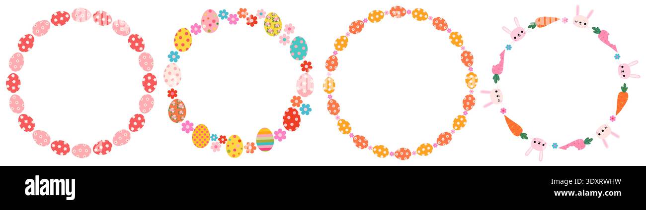Cute Easter round vector frames with eggs, flowers and bunny faces, circle spring wreaths for greeting cards and Easter egg hunt designs Stock Vector