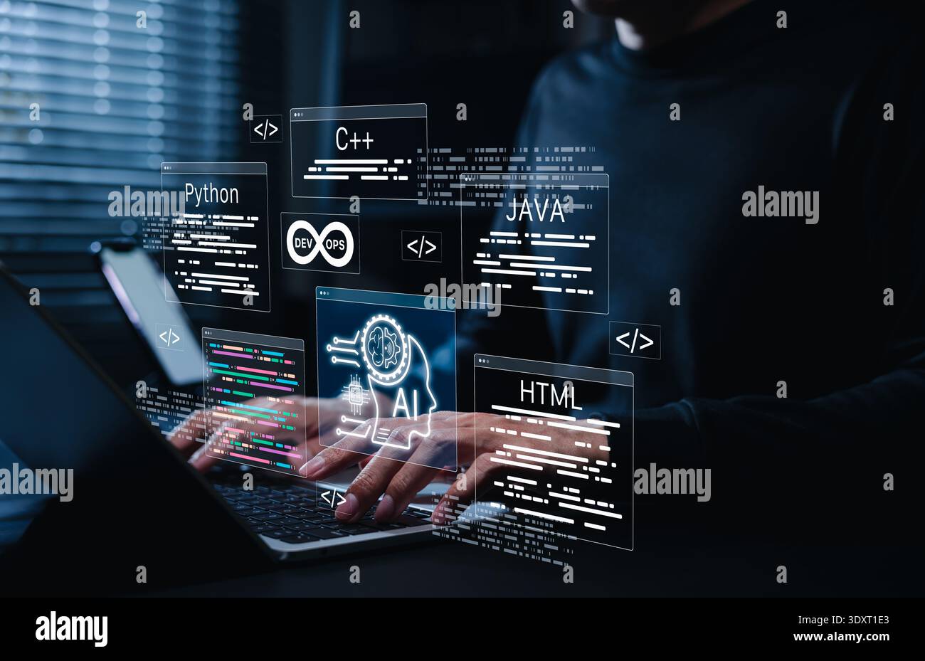 AI coding assistant and programming support. Programmer use laptop with AI coding assistant and colorful program code, Stock Photo