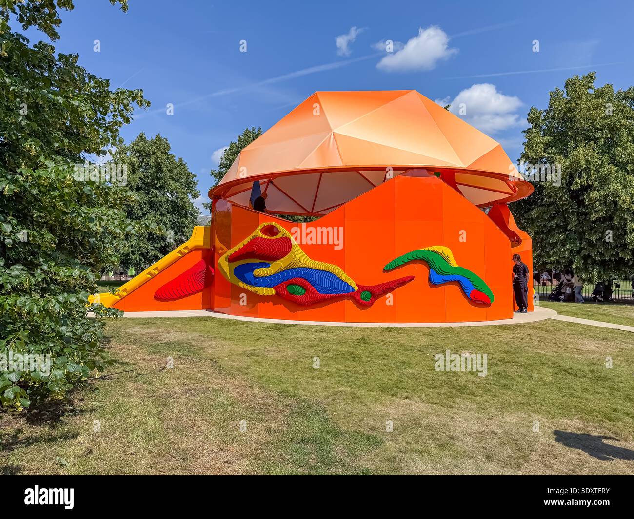 Play Pavilion 2025 designed Sir Peter Cook in partnership with Lego, Serpentine Gallery, Hyde Park, London - Smartphone Captured Stock Image