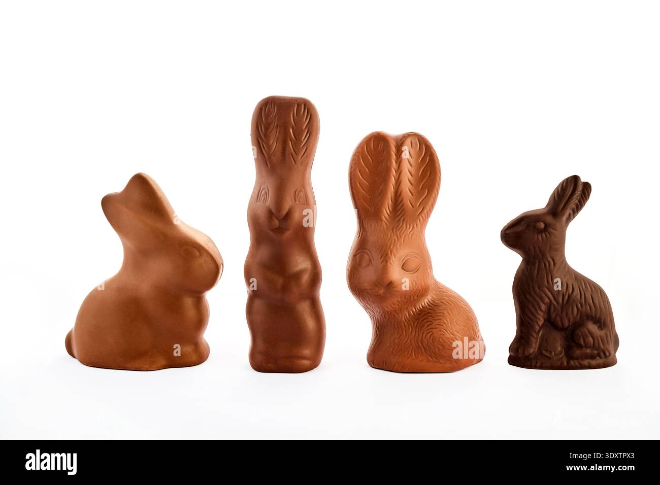Chocolate easter bunnies standing on a white background Stock Photo