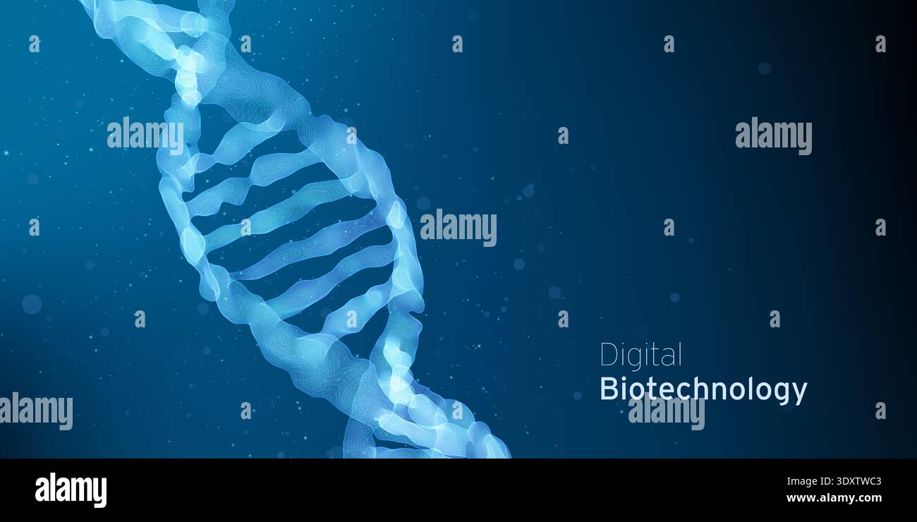 Abstract blue DNA molecule, double helix Technology illustration. Gene digital biotechnology futuristic concept. Biology genetic research backdrop. Stock Vector