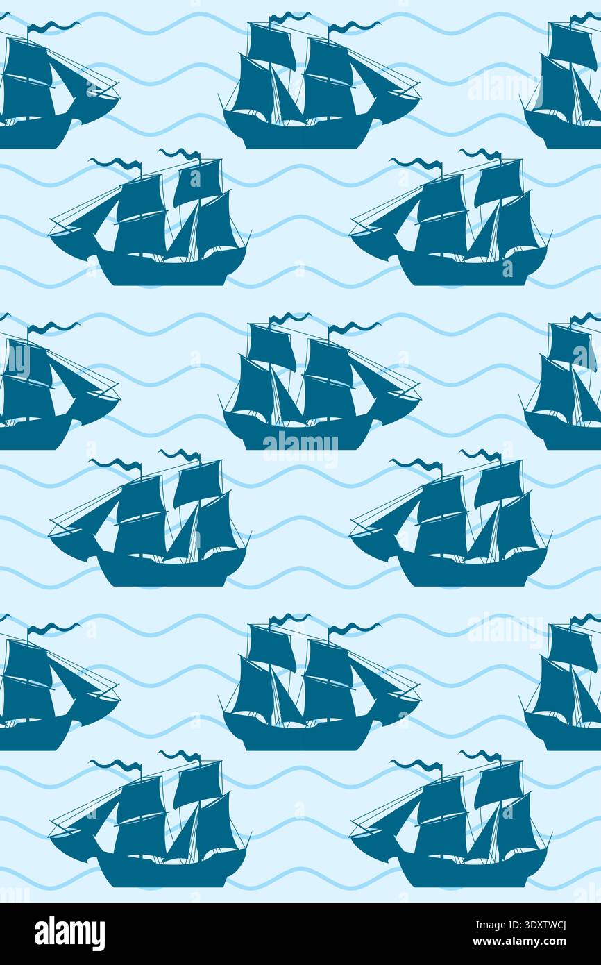 Sailing ship decorative pattern. Seamless marine background Stock Vector