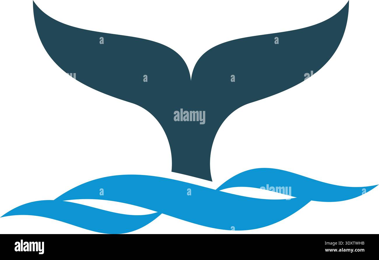 Fish tail in water waves. Blue whale logo Stock Vector